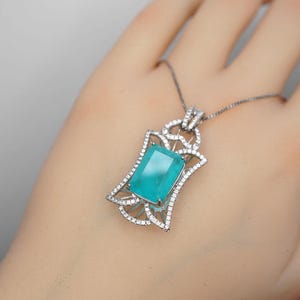 Large Paraiba Necklace - Sterling Silver Gemstone Square Royal Flower Pendant Blue Paraiba Tourmaline Pendant Jewelry #733