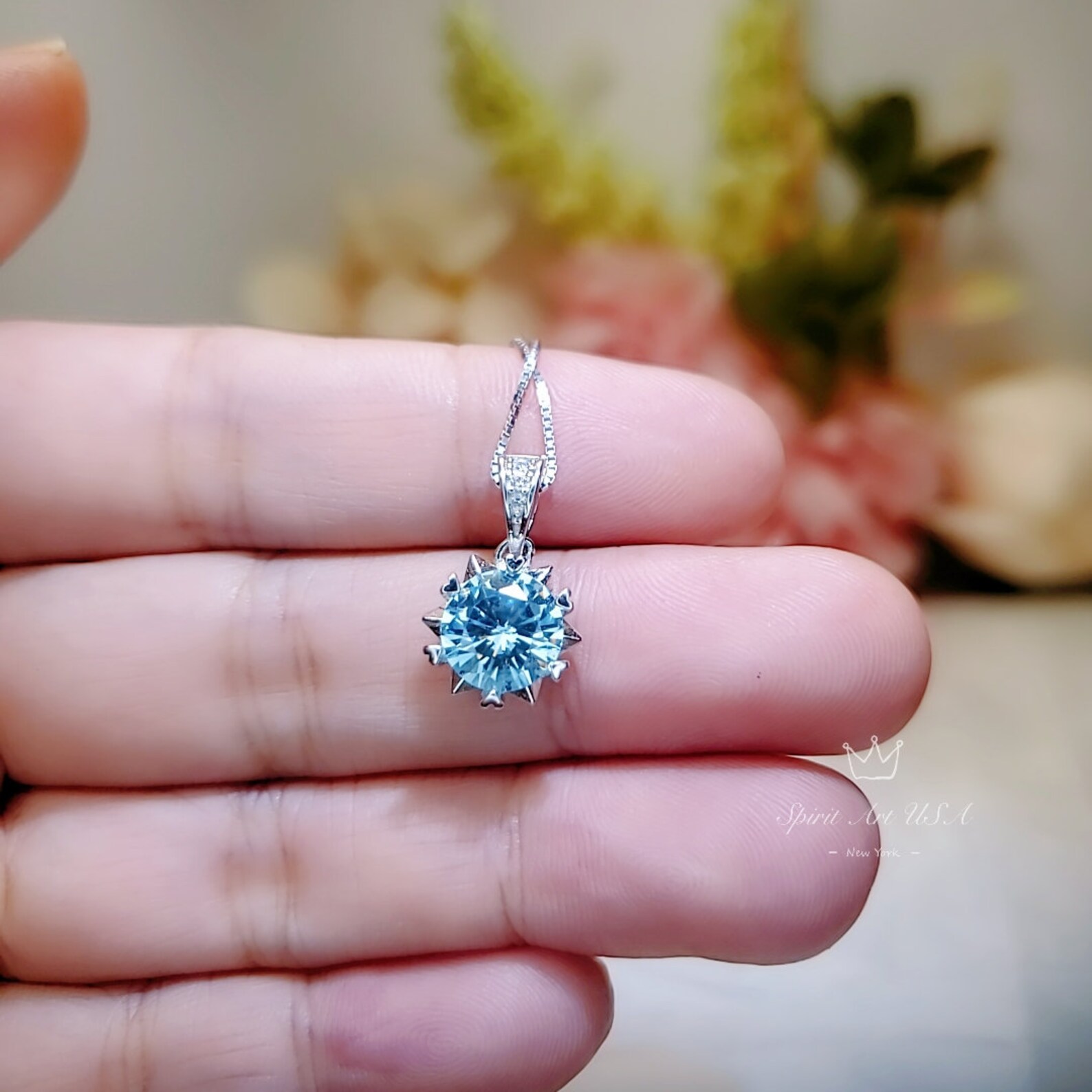 Diamond Star Blue Aquamarine Necklace White Gold Plated Etsy