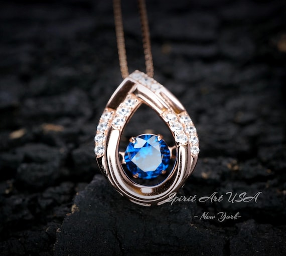Swing Blue Sapphire Necklace - Rose Gold coated Dynamic 0.85 Ct Blue Sapphire Pendant - dynamic Sterling Silver -  September Birthstone #176