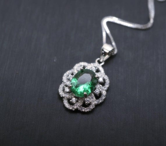 Emerald Necklace - 925 Sterling Silver Flower Green Emerald Pendant -  Sim Gemstone Pendant - May Birthstone #240