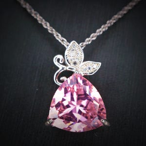 Pink Topaz Necklace - Large Triangle Pink Topaz Pendant, White Gold coated Sterling Silver, Gemstone Butterfly Pendant #631