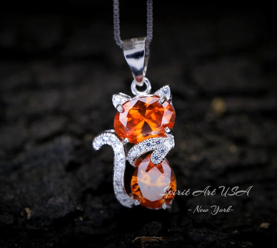 Cat Sunstone necklace, Gemstone Kitty Cat Sun stone Pendant, Orange Gemstone Sterling Silver Pet Cat lover gift  Kitten Jewelry #215