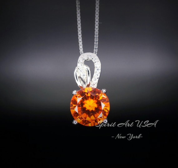 Round 1.8 CT Sunstone Necklace - Solitaire  Sterling Silver Tangerine Sapphire Jewelry- Red Orange Gemstone Necklace 090