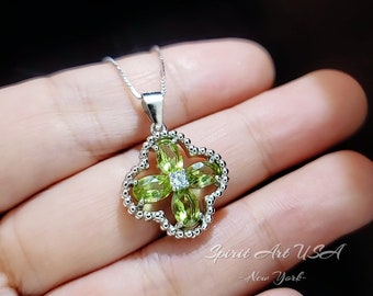 Genuine Green Peridot Necklace, 925 Sterling Silver Four Leaf Clover Necklace, Natural Peridot Pendant  August Birthstone Leaf Jewelry  #233