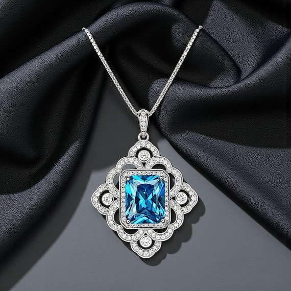 Large Blue Topaz Necklace -  Faceted Rectangle 5 CT Swiss Blue Topaz Pendant - Gemstone Flower of Prosperity - 18kGP Sterling Silver #893