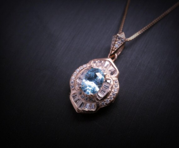 Aquamarine Necklace - 18KGP @ Sterling Silver - Blue Aquamarine Jewelry Rose gold Spiritual flower petal Pendant  #500