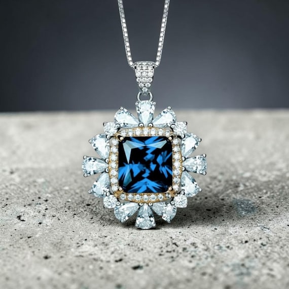 Large Square Sapphire Necklace -  Gemstone Halo Gold Square 7 CT 10 MM Blue Sapphire Pendant - Sterling Silver White Gold plated #875