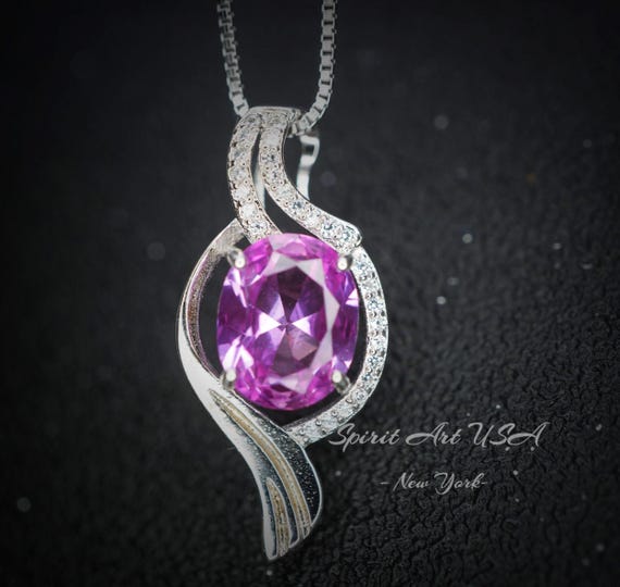 Large Pink Tourmaline Necklace - Gemstone Wave 3 CT Large Pink Tourmaline Pendant - White Gold coated Sterling Silver  Jewelry #660