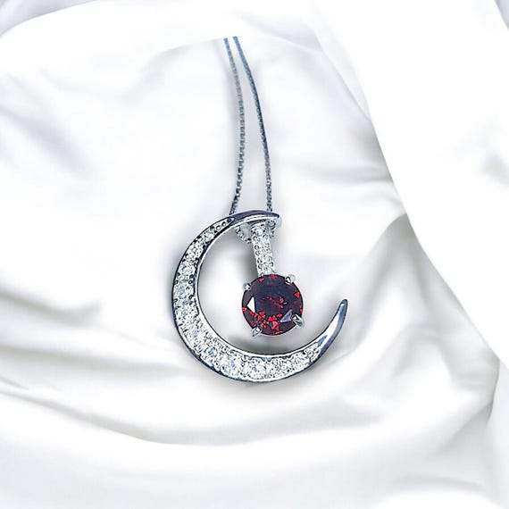 Crescent Moon red garnet Necklace full 925 Sterling Silver Two Pendant One Necklace January Birthstone adjustable chain #1122