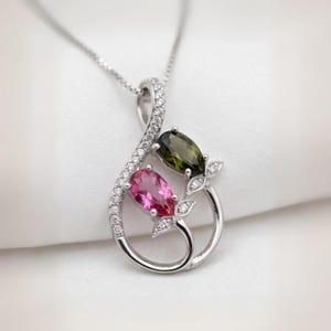 Dainty Ruby Necklace, Sterling Silver Green Peridot Necklace, Delicate Gemstone Flower High Quality Red Ruby Peridot Pendant #237