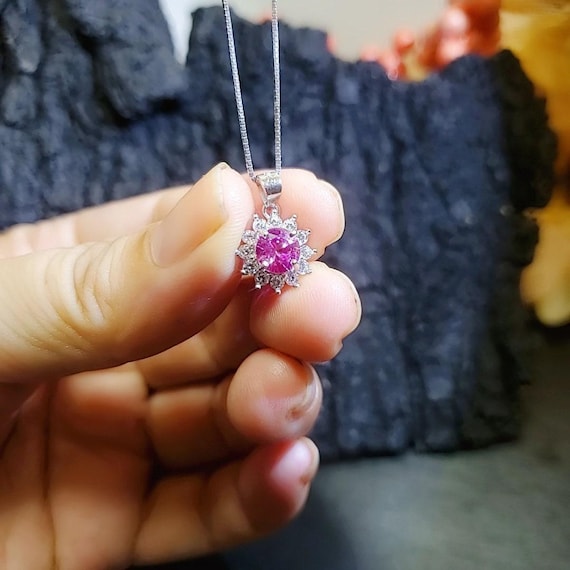 Minimalist Pink Tourmaline Necklace - 18KGP @ Sterling Silver -   Sunflower Princess Diana Style  - Tiny Pink Tourmaline Pendant 018