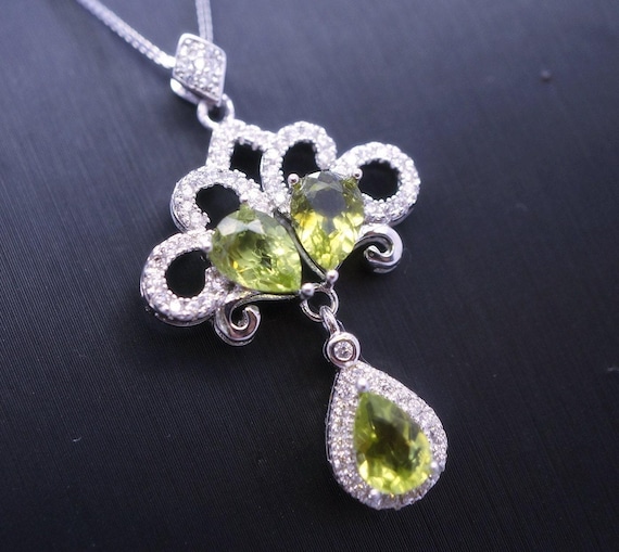 Natural Green Peridot Necklace -  Gemstone Phoenix Peacock Genuine Peridot Pendant -18kgp sterling silver #617