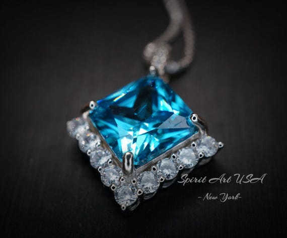 Gemstone Style Blue Topaz Necklace -  6 CT  Square Princess  Cut Blue Topaz Pendant - 18KGP @ Sterling Silver - November Birthstone #762