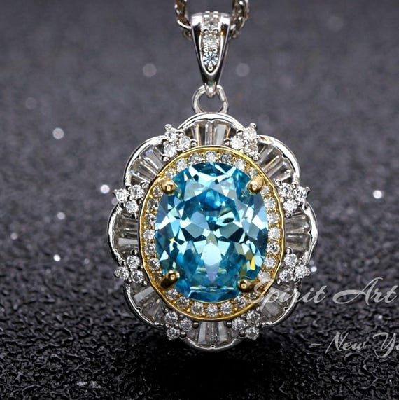 Large Aquamarine Necklace - March Birthstone - 18KGP @ Sterling Silver - Gemstone Royal  Flower Style - 2.8 CT Blue Aquamarine Jewelry #722