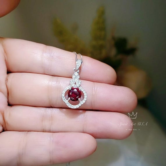 Tiny Red Ruby Necklace Sterling Silver, Round 0.85 CT Ruby July Birthstone White Gold Coated Sterling Silver 1042