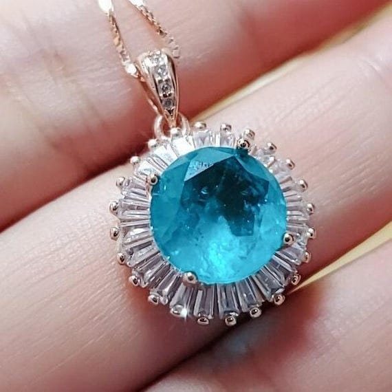 Paraiba Necklace - Rose Gold Coated Sterling Silver Solitaire  4 CT Blue Paraiba Tourmaline Necklace #378