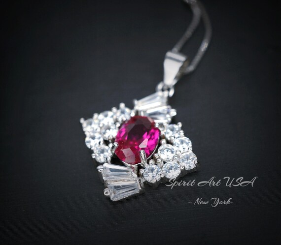 Diamond Style Red Ruby Necklace White Gold Plated Sterling Silver 1.7 CT Red Gemstone Pendant July Birthstone 1035