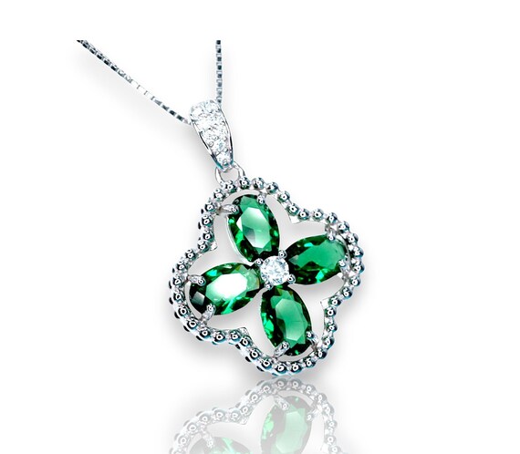 Four Leaf Clover Emerald Necklace – White Gold Lucky Charm Pendant – May Birthstone Jewelry – Handmade Gift for Her 080