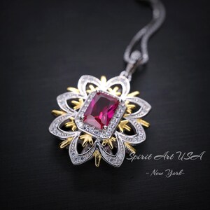 Ruby Necklace -Water Lily Flower Pendant - White Yellow Gold Plated Sterling Silver - 1 CT  Ruby Pendant - Goddess Athena Necklace #560