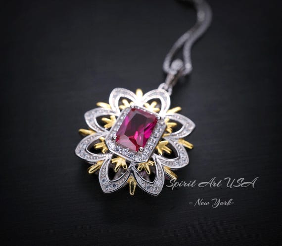 Ruby Necklace -Water Lily Flower Pendant - White Yellow Gold Plated Sterling Silver - 1 CT  Ruby Pendant - Goddess Athena Necklace #560