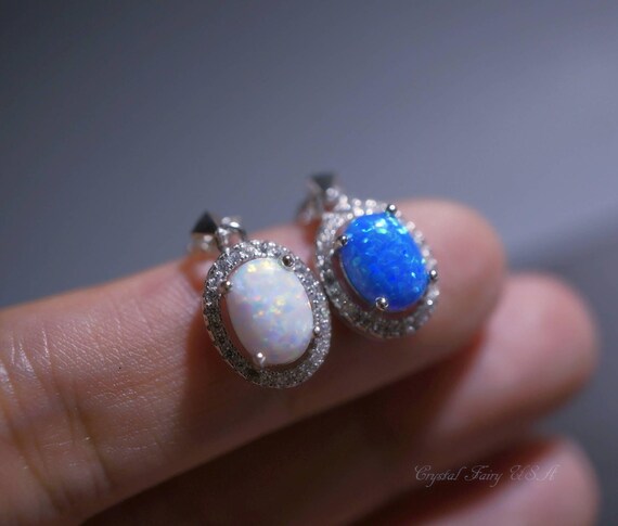 Blue Opal Necklace, sterling silver rainbow White Opal CZ  Necklace,  Solitaire Opal  Box Chain Minimalist High Quality