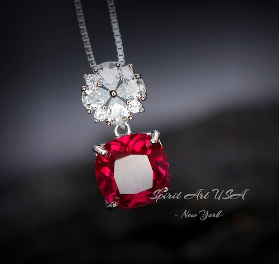 Four leaf clover Ruby Necklace - Cushion Cut - 5.5 CT Large Red Ruby Pendant -  Gemstone Flower Bail - White Gold Plate Sterling Silver #581