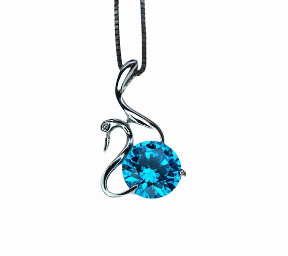 Blue Topaz Necklace - Sterling Silver Swan Pendant - 2 Ct Blue Topaz  White Gold Coated Solitaire Single Simple Bird Pendant #162
