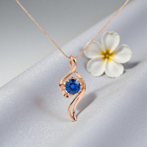 Rose Gold Blue Sapphire Necklace Sterling Silver 1 Ct Round Blue Gemstone Pendant Blue Sapphire Jewelry  1136