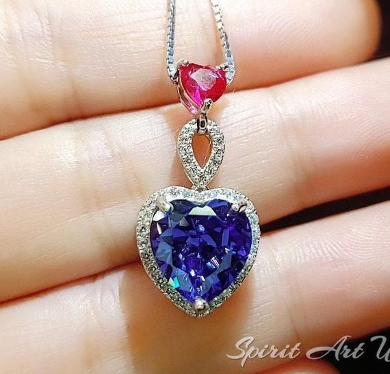 Double Heart Tanzanite Necklace -Gemstone Heart Connect Heart Pendant - 18KGP Sterling Silver -  December Birthstone  #740