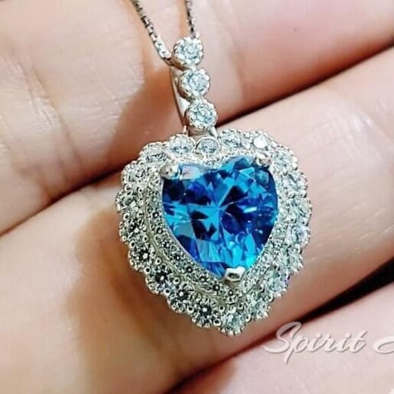Blue Topaz Necklace - Double Halo Blue Heart Pendant, Ocean Heart Blue Topaz Jewelry - White Gold  Sterling Silver #362