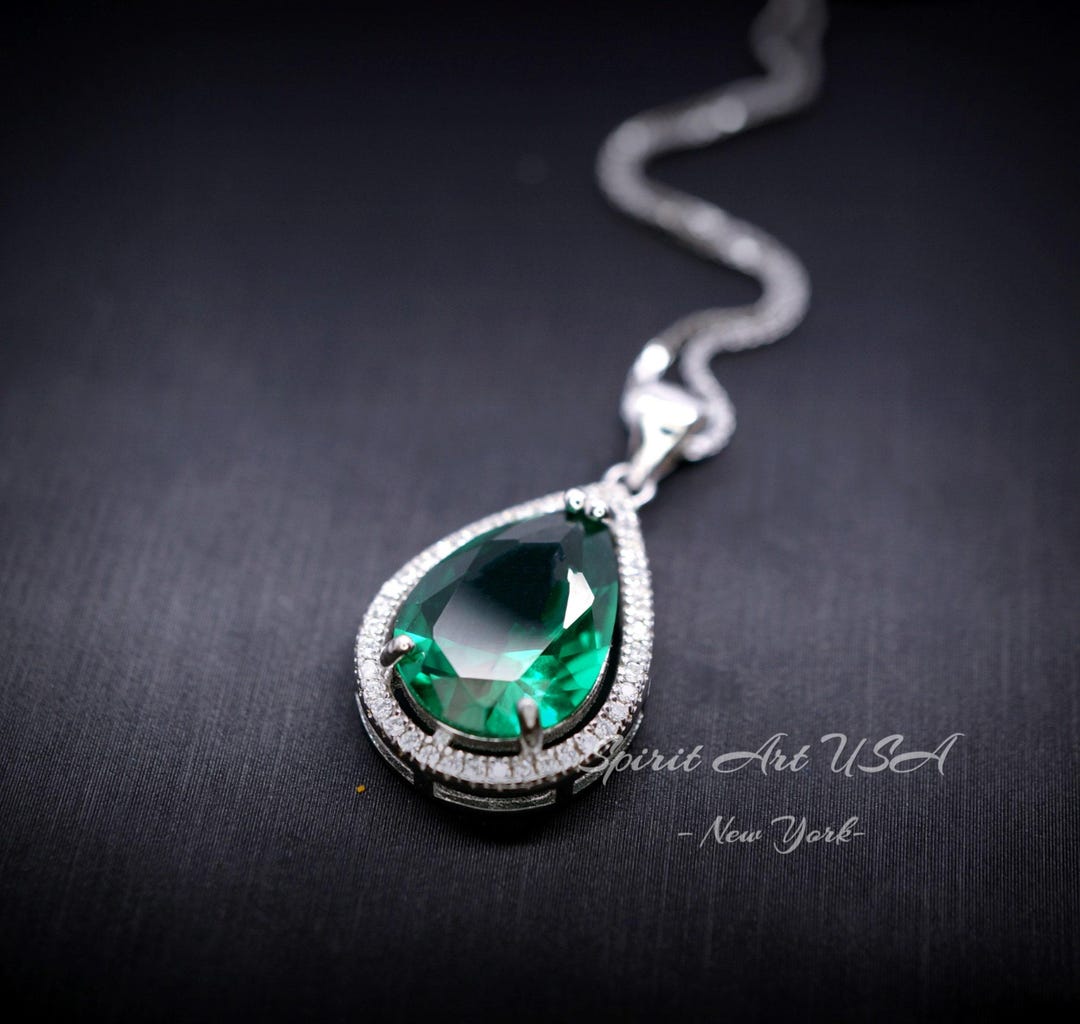 Large Green Emerald Necklace - 6.5 Ct Teardrop Emerald