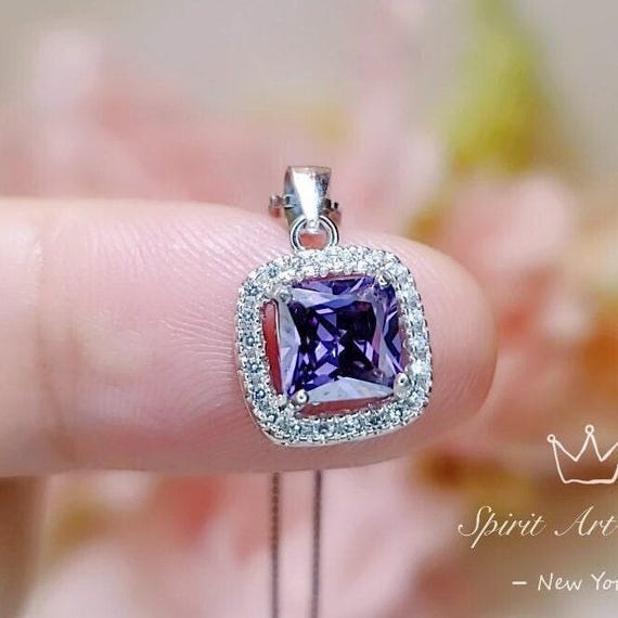 Minimalist Amethyst Necklace - Sterling Silver Halo Solitaire Tiny Created synthetic Purple Gem 1 Ct White Gold Coated Square Amethyst  #004