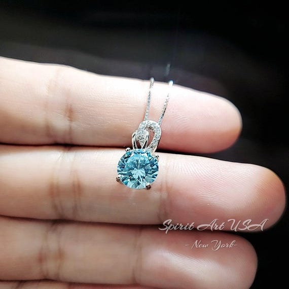 Tiny Blue Aquamarine Necklace - Sterling Silver Single Halo Dangle Round 8mm - March Birthstone -  Aquamarine Jewelry 081