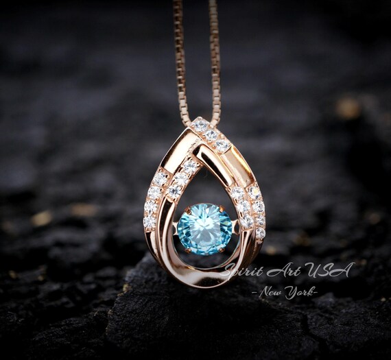 Aquamarine Necklace - Dynamic Swing Pendant -18KGP Rose Gold  @ Sterling Silver -  0.85 Ct Blue Aquamarine Jewelry - March Birthstone #177