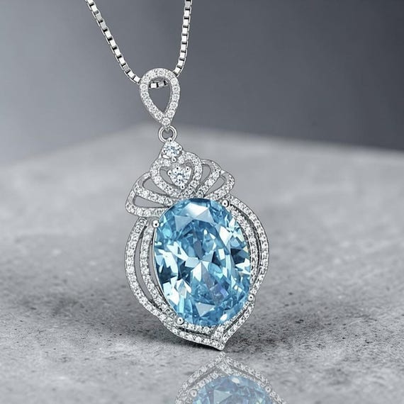 Large Aquamarine Necklace - 18KGP @ Sterling Silver -  14 ct Oval Cut Blue Aquamarine Pendant #915