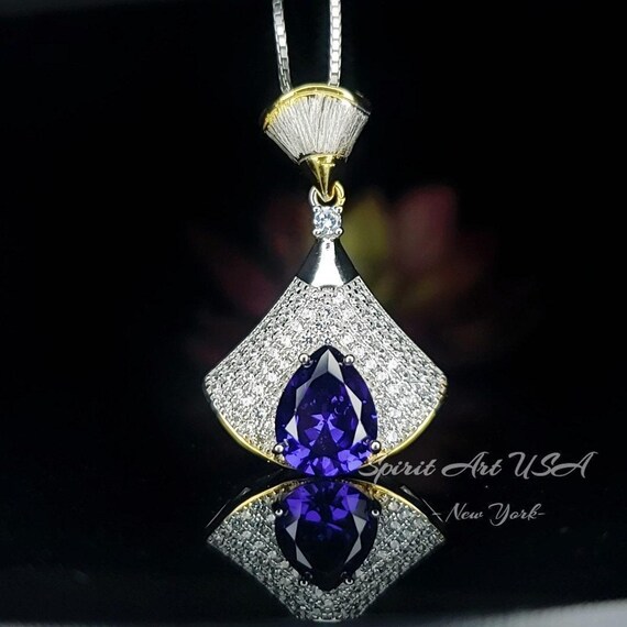 Blue Tanzanite Necklace - 18K  @ Sterling Silver - Gemstone Teardrop Halo 3 ct Blue Tanzanite Jewelry - December Birthstone #902