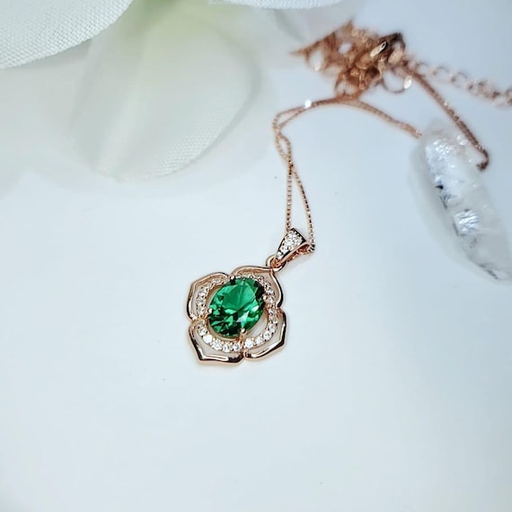 Tiny 1.5 ct Emerald Necklace - Rose Gold or white gold 18k @ Sterling Silver Flower of Life Style Green Gemstone pendant May Birthstone #121