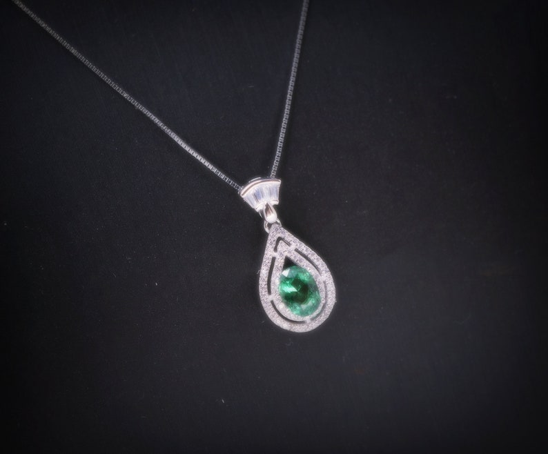 Double Halo Green Pear Emerald Pendant Royal Sterling Silver Crown bail Tiny Emerald Jewelry Delicate Teardrop Emerald Necklace