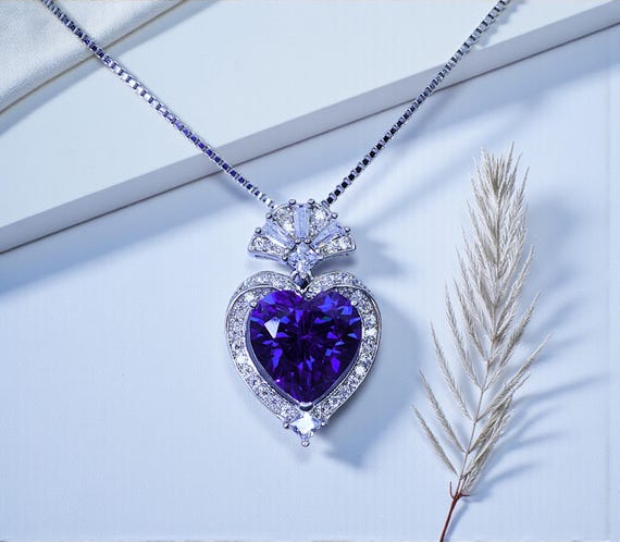 Tanzanite Necklace - White gold coated Sterling Silver - 4 CT Deep blue heart of the ocean Pendant - Lab Created Tanzanite Jewelry #573