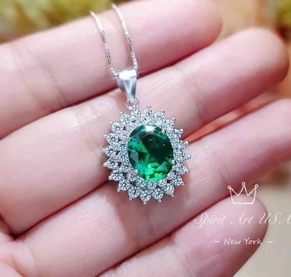 Double Halo Gemstone Emerald Necklace - White Gold Sterling Silver  Halo Solitaire 3 Ct Emerald Pendant - Oval Cut May Birthstone #628