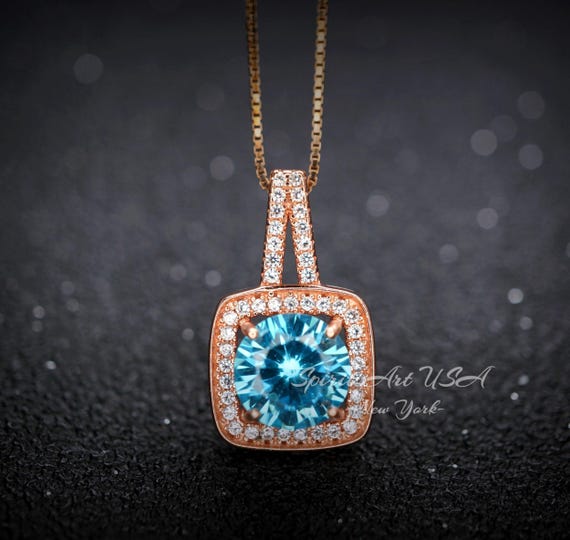 Rose gold Blue Topaz Necklace - Sterling Silver - Square Solitaire November Birthstone Round Topaz Jewelry Diamond  Halo Round Cut 8 MM #184