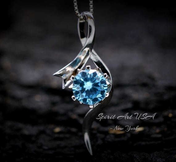 Blue Aquamarine Necklace, White Gold Coated Sterling Silver,  Bow 2 CT Blue Gemstone Pendant, Swirl Infinity Jewelry  Bridal Blue #938