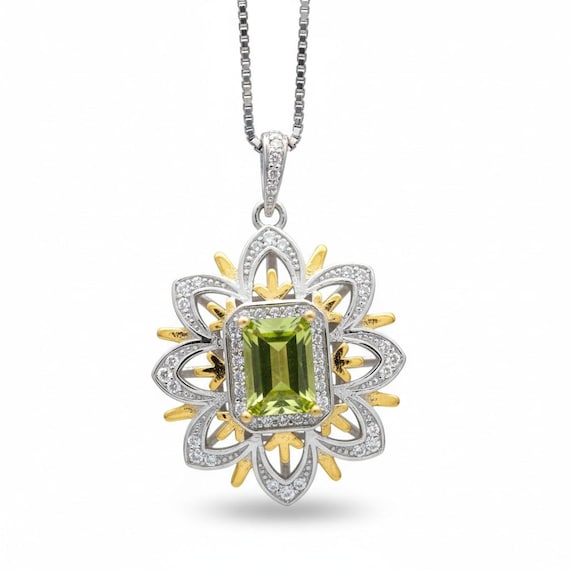 Spirit Flower Genuine Peridot Necklace White Gold coated Sterling Silver Gemstone Gold Rectangle Peridot Pendant Goddess Athena Jewelry #764