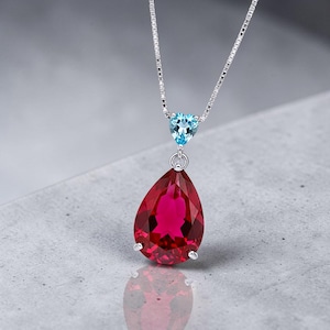 Large Teardrop Ruby Necklace Sterling Silver 6 CT Lab Red Ruby Pendant White Gold Plated Solitaire Red Gemstone Jewelry #699