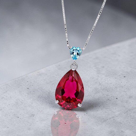 Large Teardrop Ruby Necklace Sterling Silver 6 CT Lab Red Ruby Pendant White Gold Plated Solitaire Red Gemstone Jewelry #699
