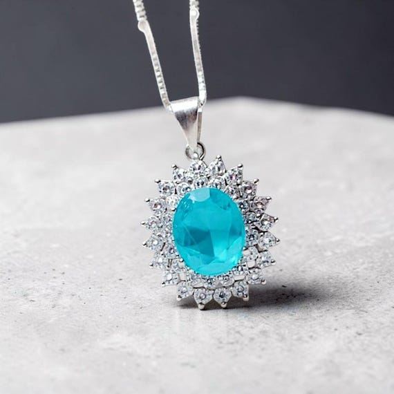 Double Gemstone Halo Paraiba Tourmaline Necklace - 18KGP @ Sterling Silver - 2.8 CT Oval Cut - Large Blue Tourmaline Jewelry #571