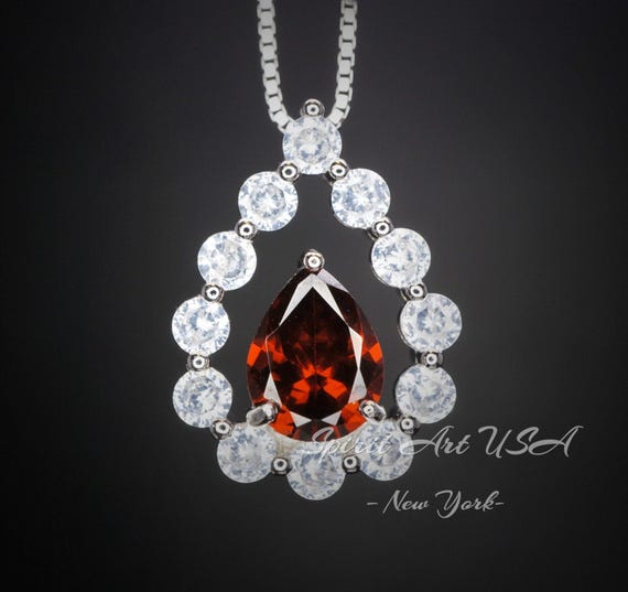 Spessartite Garnet Necklace - Teardrop Gemstone Halo Garnet Pendant - 18kgp @ Sterling Silver - January Birthstone #410