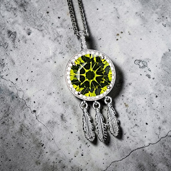 Large Green Peridot Necklace - 18KGP @ Sterling Silver - dreamcatcher Necklace - August Birthstone - Dream Catcher Peridot Pendant #690