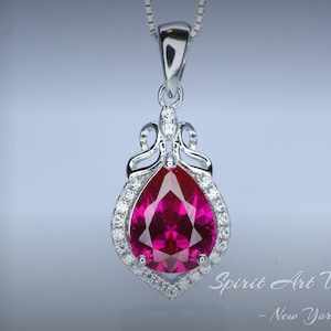 Pear Ruby Sterling Silver Necklace, Gemstone Petal Teardrop Ruby Pendant Tiny White Gold Plated July Birthstone Red Gemstone Jewelry #132