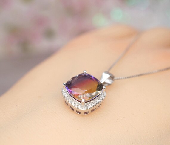 Square Ametrine Necklace - Large Lab created synthetic Ametrine Pendant  Sterling Silver White gold plated #348